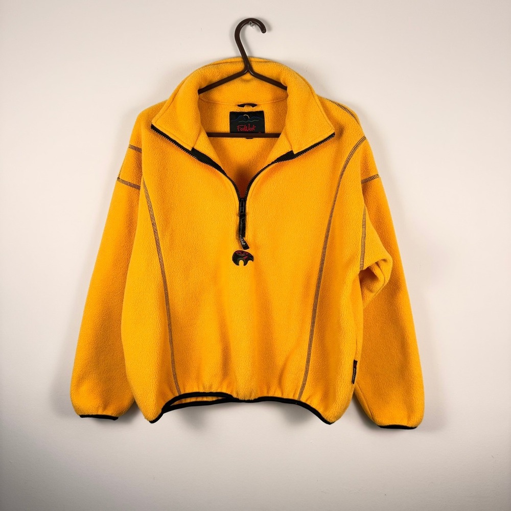 VTG FarWest Yellow Fleece Quarter Zip Pullover Bear Logo‎ Made in Canada Mens L